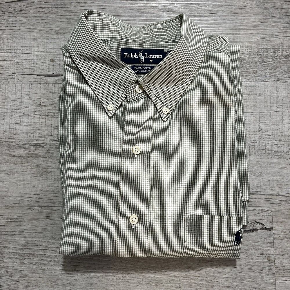 Vintage Ralph Lauren Shirt Yarmouth 18-36/37 Green Microcheck Made in Hong Kong